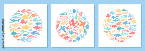 Circular underwater concept with colorful fish in cartoon graphic style. Round aquatic creatures and marine life pattern in seamless vibrant background. Ocean shoal theme with aquatic design, photo