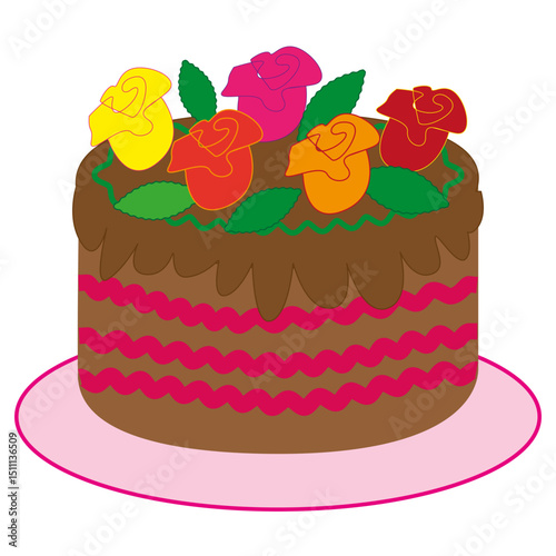 Chocolate cake illustration. Floral topping detail. Decorative sweet dessert. Colorful vector pastry.