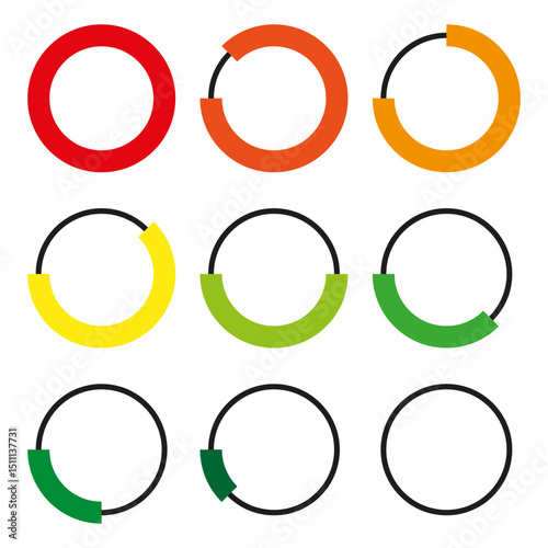 Circular loading icons. Vector progress rings. Color gradient indicators. Stepwise round sequence.