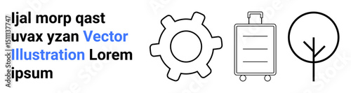 Gear, travel suitcase, and simple tree outline icon alongside placeholder text in modern style. Ideal for travel, development, minimalism, sustainability, nature, tourism simple landing page