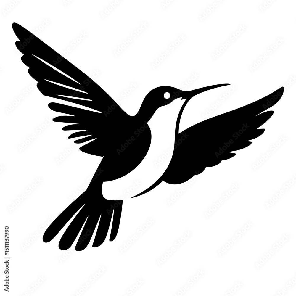 Obraz premium A black silhouette illustration of a hummingbird in flight.