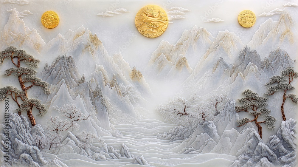 Obraz premium A carved stone landscape scene with mountains and trees.