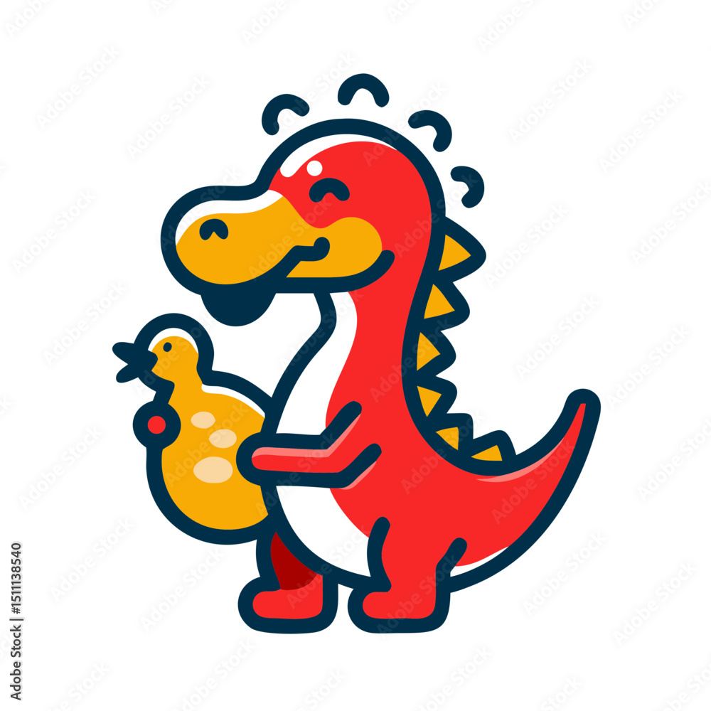 Baby dinosaurholding a rubber duck - icon for children's products and services Baby dinosaurholding a rubber duck - icon for children's products and services