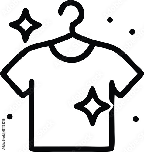 A clean t-shirt hangs neatly on a clothes hanger, sparkling with cleanliness. This simple icon represents freshness and laundry.