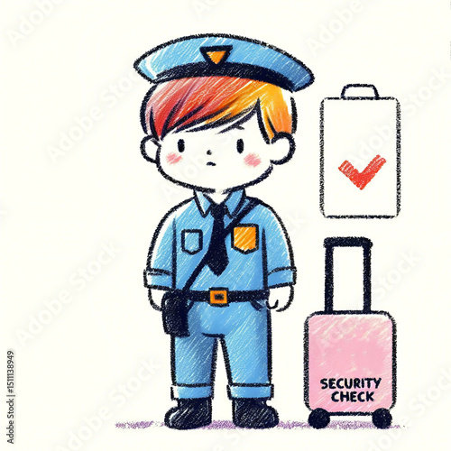 Cartoon airport security officer standing next to luggage for check  