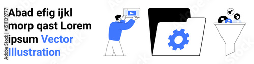 Professional examines video content, gear icon on folder signifies system management, funnel organizes data. Ideal for automation, workflow, data filtering, digital marketing, content sharing, team