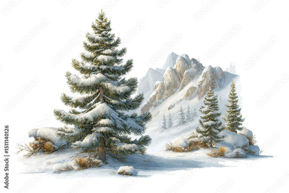 Fototapeta premium PNG Snow-covered pine trees and rocky mountains in winter landscape