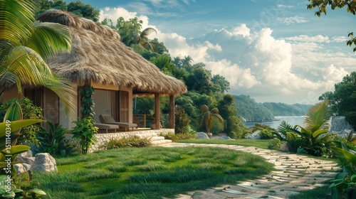dynamic outdoor scene of tropical bungalow with thatched roof, sunny day, realistic style, vibrant green and beige tones, wide-angle composition with bungalow in foregroun
