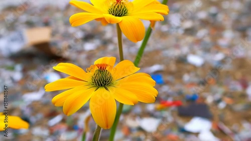 Vivid daisy-like blossom stands resilient against a polluted, trash-strewn ground, symbolizing hope, contrast, and nature's persistence in adversity photo