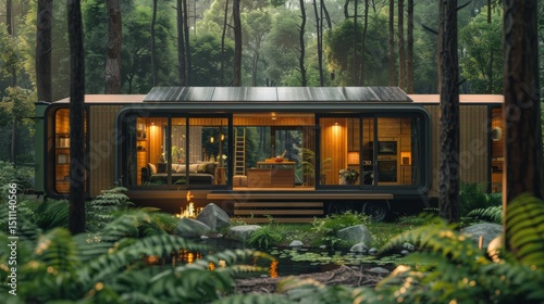 dynamic outdoor scene of tiny house with solar panels, forest backdrop, realistic style, vibrant green and beige tones, wide-angle composition with house in foreground