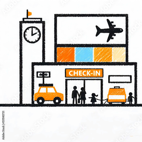 Airport check-in building with clock and transportation icons  