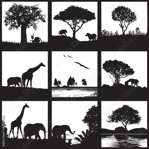 africa silhouette set, Black silhouette
