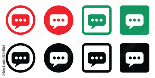 Flat grid of minimalist speech bubble icons, each with three internal dots. White or black bubbles on red/green/black circular or square backgrounds, outlined where needed. Clean, modern UI style.