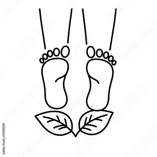 Barefoot feet on leaves grounding exercise icon nature element. Simple barefoot feet on green leaves illustration. Grounding exercise icon for wellness apps and websites.