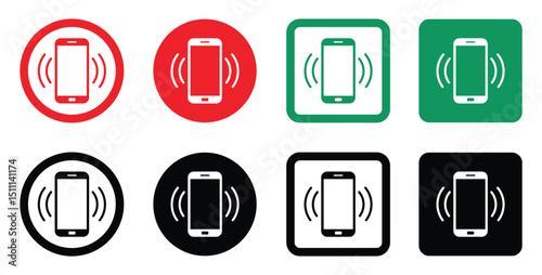 Four minimalist smartphone icons in red, green, black, and black/white. Each flat graphic shows a central phone with emanating sound waves, framed within circles or squares. Clean, symbolic design