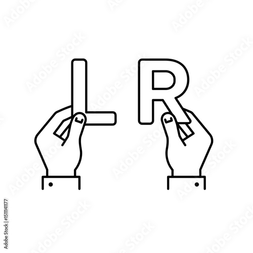 Left and right hand holding letter L and R. lateral coordination icon. Hands holding letters L and R demonstrate left and right hand coordination.