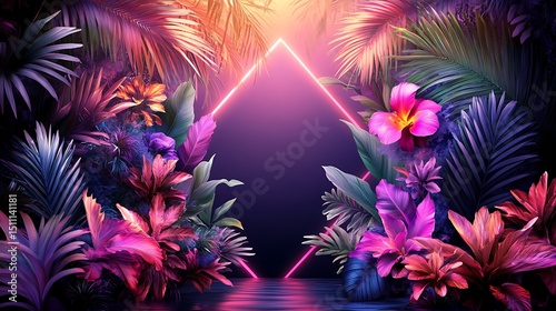 Vibrant tropical plants, neon frame