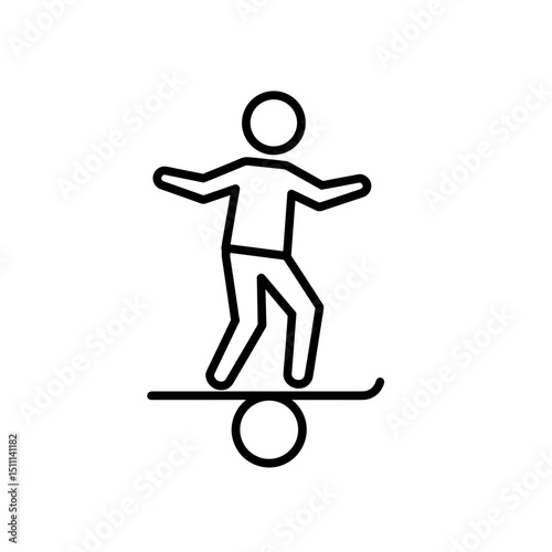 Child figure balancing on board on one ball, coordination icon. Child figure maintains balance on unstable surface, demonstrating coordination skills.