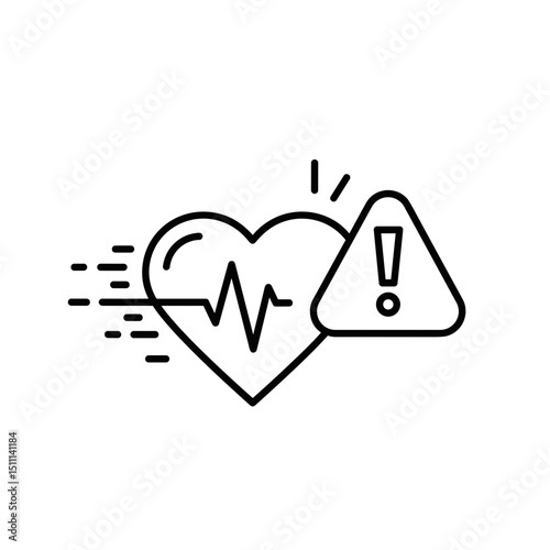 Panic attack icon with heart and warning sign. This panic attack icon depicts a heart with a rapid heartbeat and an exclamation mark inside a triangle.