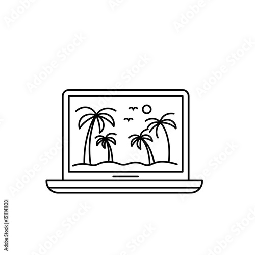 Laptop screen displays tropical beach scene with palm trees.  Laptop shows idyllic beach vacation imagery perfect for travel blogs or websites.