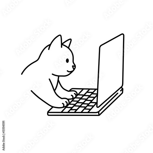 Closeup of cat paw on keyboard pet interrupting remote work. Adorable kitten playfully interacts with laptop keyboard during work from home.  Cute cat paws on laptop keys.