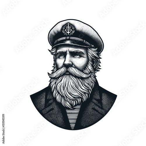Sailor portrait with long beard and captain hat. Detailed engraving illustration of seasoned mariner, experienced captain at sea. Image ideal for nautical themed projects, maritime branding,