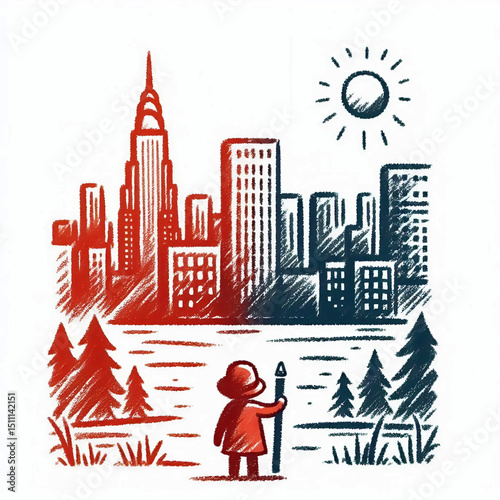 Character gazing at city skyline with trees and sun in background  