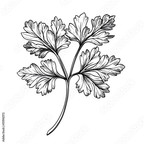 Detailed Parsley Leaf in Black and White Isolated Vector Illustration for Design Projects