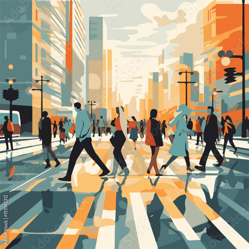 Busy urban street with pedestrians crossing and modern city background