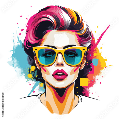 Colorful Pop Art Hipster Face Vector Illustration Isolated on White Background