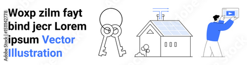 Keys, house with solar panels, person using digital tablet. Ideal for sustainability, real estate, smart home, renewable energy, digital transformation, eco-living simple landing page