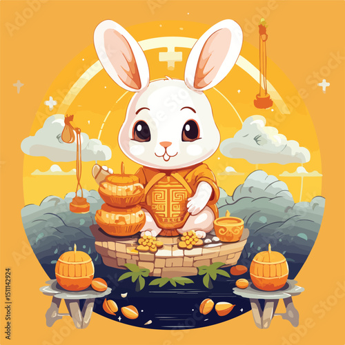 Traditional Cloth Rabbit Cartoon with Mooncake Celebrating Chinese Mid-Autumn Festival