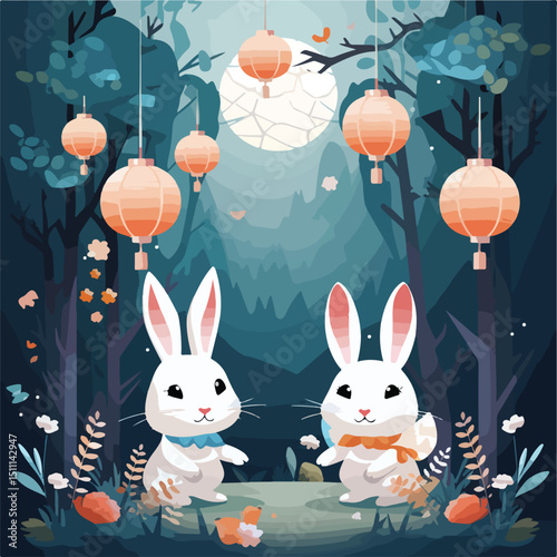 Illustration of Rabbits Celebrating Mid Autumn Festival with Paper Lanterns in Traditional Costume