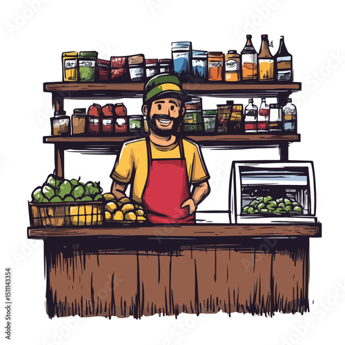 Professional Vector Illustration of Shopkeeper with Grocery Stand for Marketing Materials