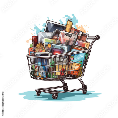 Professional Shopping Cart Full with Television, Cellphone, and Bags Illustration