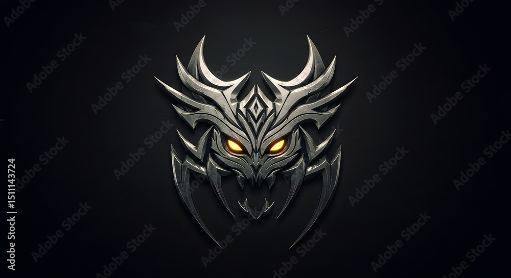 Obraz premium A fierce and mysterious symbol, this striking metallic design with glowing eyes against a dark backdrop. 