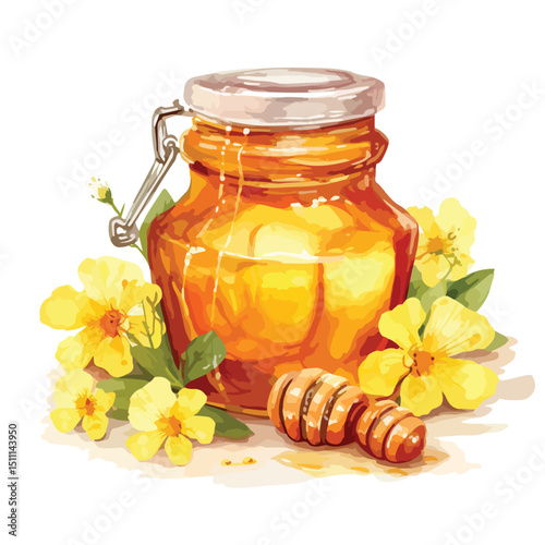 Summertime Delight: Yellow Jar with Honey Drizzle, Isolated on White Background