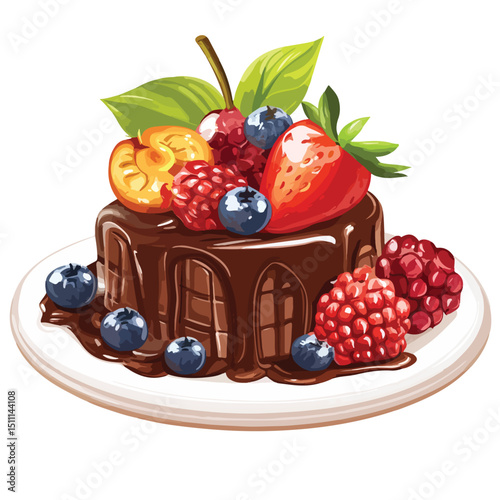 Exquisite Sweet Dessert Plate with Chocolate and Fruit Icon Illustration for Food Blog and Restaurant Menu Designs