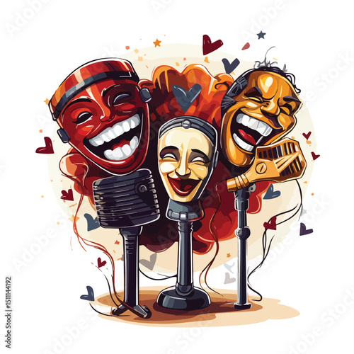 Professional Theatrical Masks, Microphones, and Billboard Stand for Theater Performances and Events