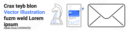 Chess knight beside analyzed data on smartphone screen and envelope. Ideal for business, strategy, marketing, communication, analytics, technology, and simple landing page