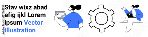 Two individuals working on digital devices near a gear icon representing teamwork, innovation, and operational efficiency. Ideal for technology, teamwork, process, efficiency, collaboration