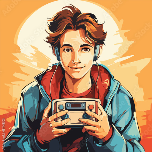 Professional Vector Illustration of a Young Man Engrossed in Playing Portable Video Game