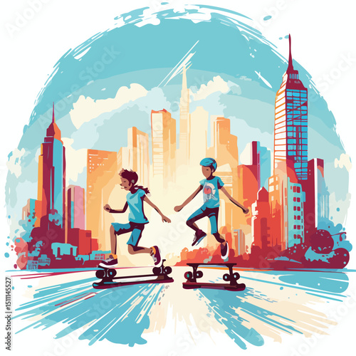 Professional Vector Illustration of Young Skaters Enjoying City Life Outdoors