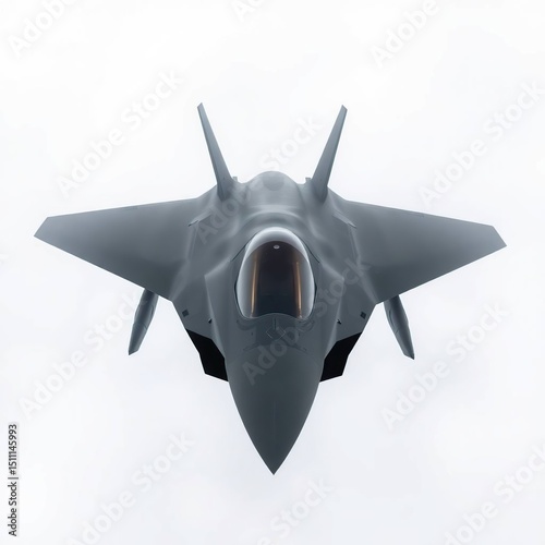 High-angle view of a modern jet fighter. Dark grey, sleek design.  Sharp angles and lines.  Visible cockpit and engine intakes.  Against a bright white backdrop