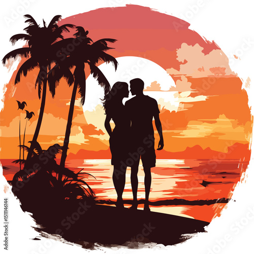 Romantic couple silhouette on the beach scene vector art illustration for creative projects