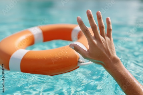 Hand reaching for life preserver in pool, seeking help, needing assistance in water.