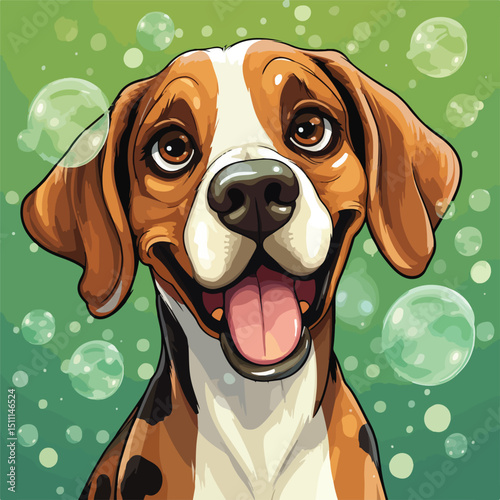 Colorful Dog Cartoon Character with Speech Bubbles on Green Background Vector Illustration
