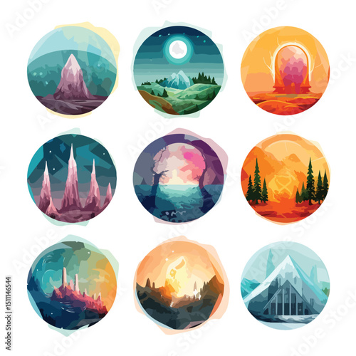Professional Double Exposure Vector Illustration of Nine Icons Set for Creative Designs