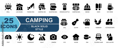 Bold and simple solid camping icons of essential gear. Includes knife,pan,toaster,camera,hot drink,and fire. Great for product packaging,outdoor gear branding,and merchandise design.
