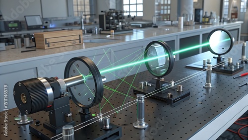 Green laser light demonstration in a physics laboratory setup